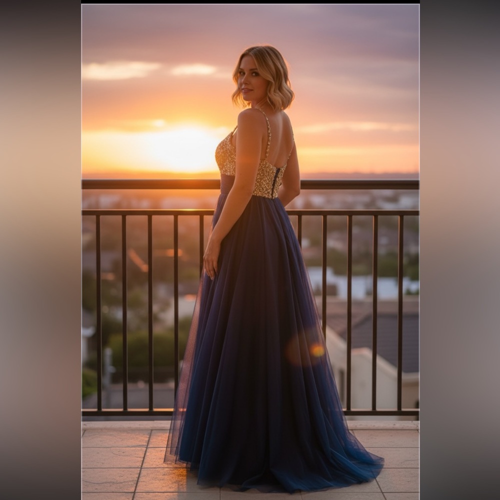La Femme Prom Gown Navy Sequin Bodice Maxi